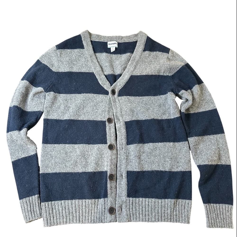 Old Navy Men's Cardigan in Gray and Navy Stripes, Wool Blend